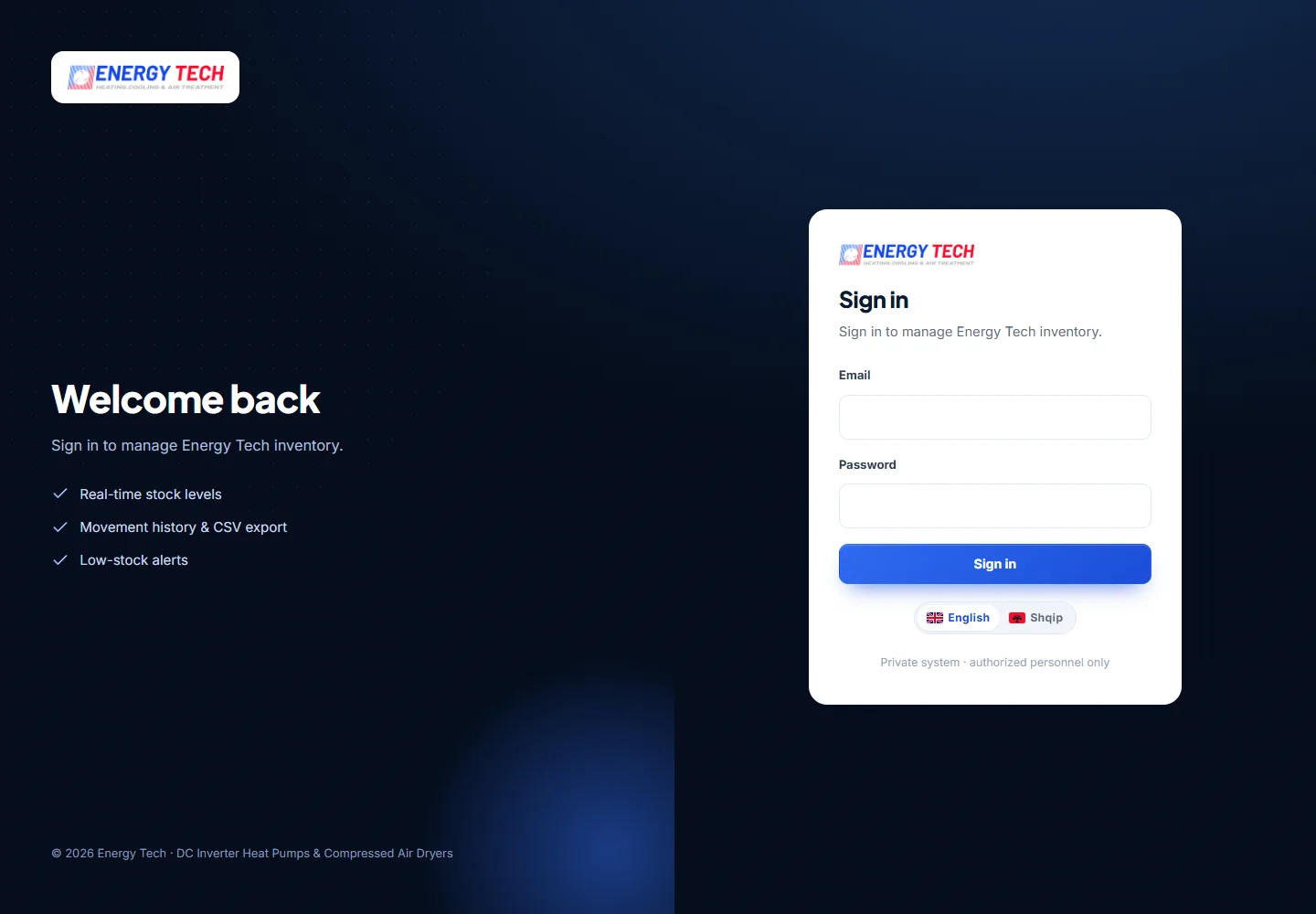 Energy Tech Inventory System — website screenshot